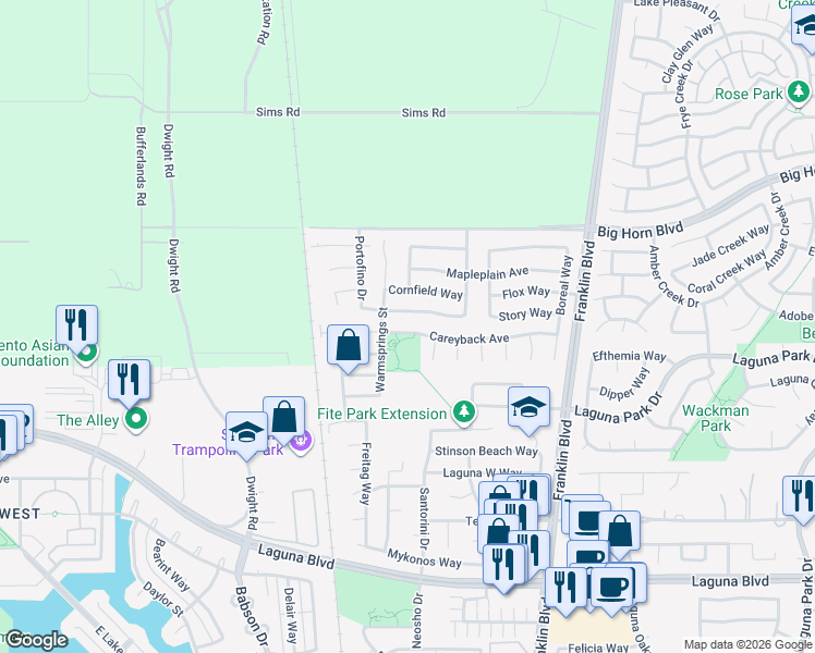 map of restaurants, bars, coffee shops, grocery stores, and more near 4401 Careyback Avenue in Elk Grove