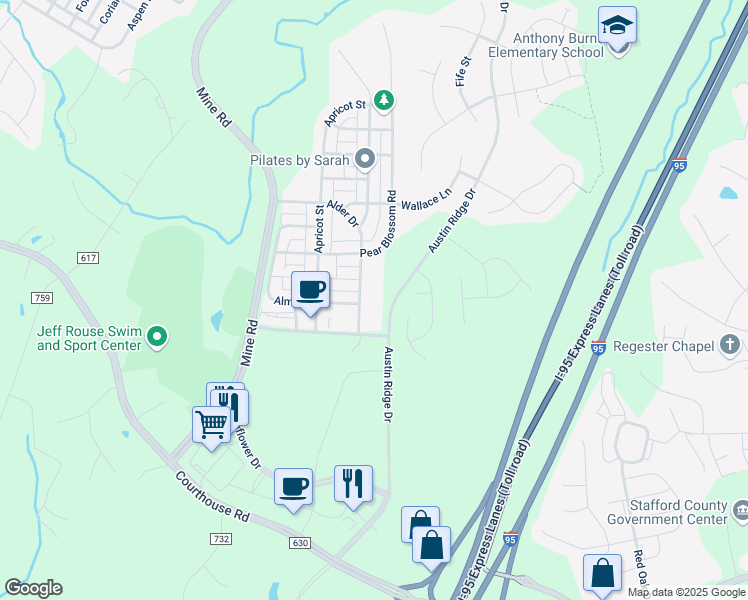 map of restaurants, bars, coffee shops, grocery stores, and more near 110 Sweetgum Court in Stafford