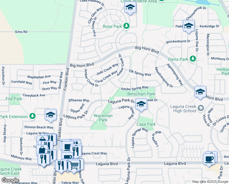 map of restaurants, bars, coffee shops, grocery stores, and more near 8956 Rocky Creek Court in Elk Grove