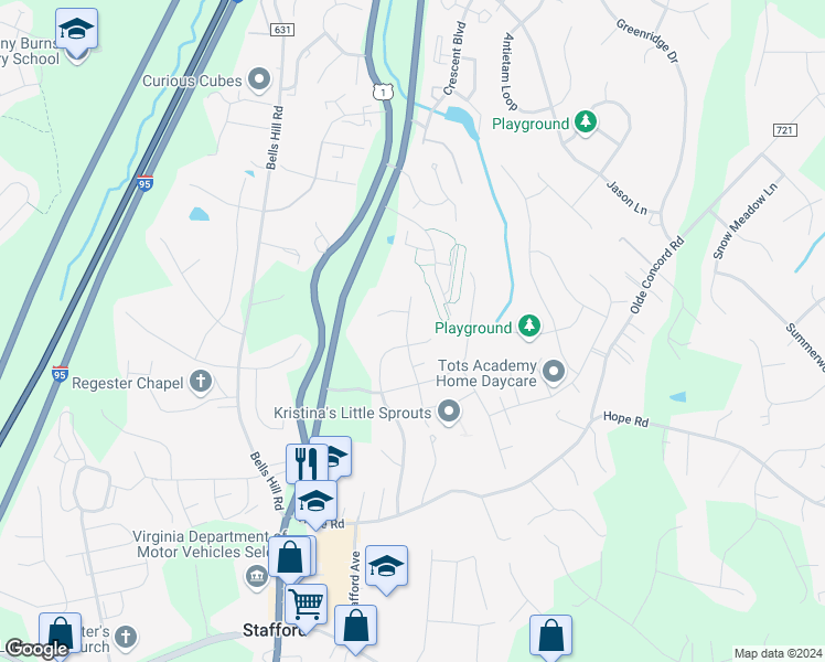 map of restaurants, bars, coffee shops, grocery stores, and more near 22 Piedmont Drive in Stafford