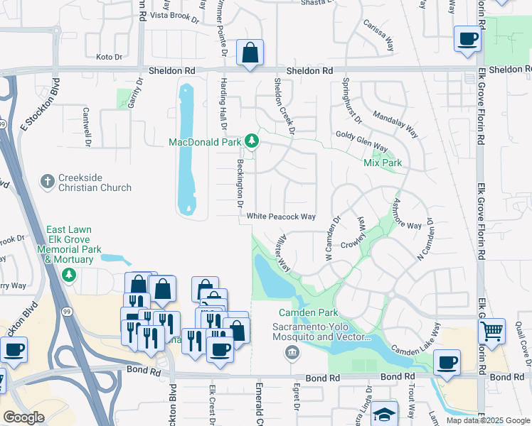 map of restaurants, bars, coffee shops, grocery stores, and more near 8992 Panamint Court in Elk Grove