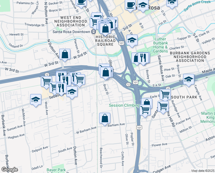 map of restaurants, bars, coffee shops, grocery stores, and more near 416 Hickory Circle in Santa Rosa
