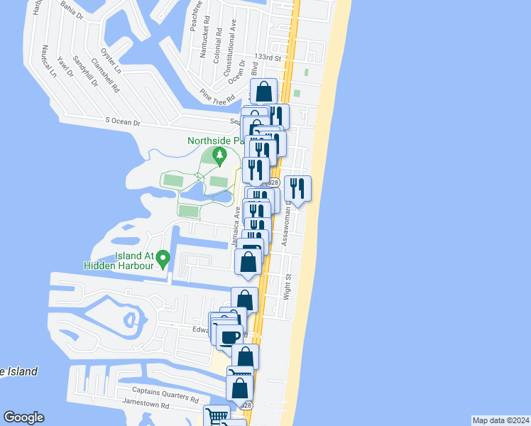 map of restaurants, bars, coffee shops, grocery stores, and more near 12601 Maryland 528 in Ocean City