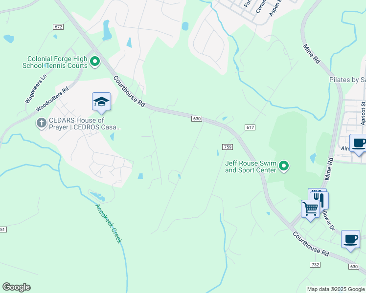 map of restaurants, bars, coffee shops, grocery stores, and more near 44 Rollinswood Lane in Stafford