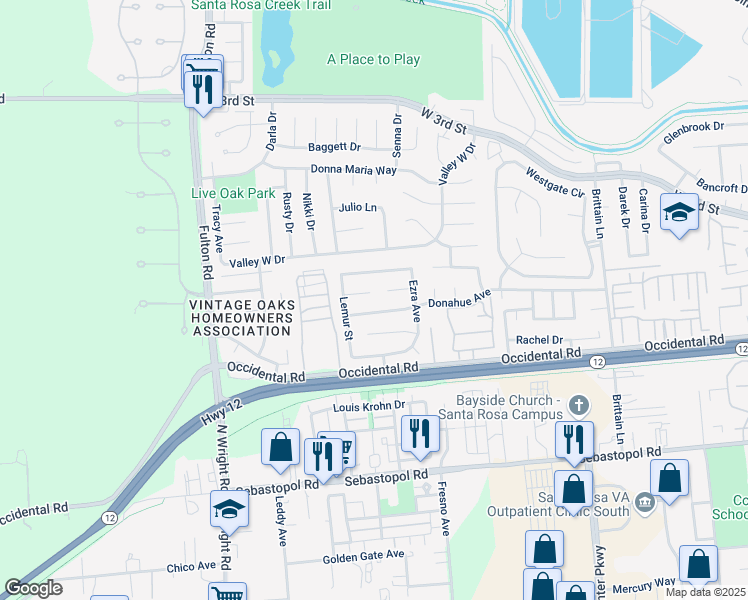 map of restaurants, bars, coffee shops, grocery stores, and more near 2412 Erickson Court in Santa Rosa