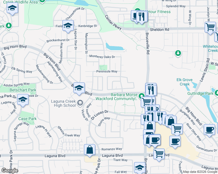 map of restaurants, bars, coffee shops, grocery stores, and more near 6805 Springridge Way in Elk Grove