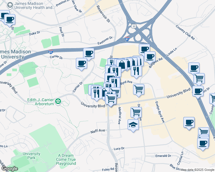 map of restaurants, bars, coffee shops, grocery stores, and more near 1820 Evelyn Byrd Avenue in Harrisonburg
