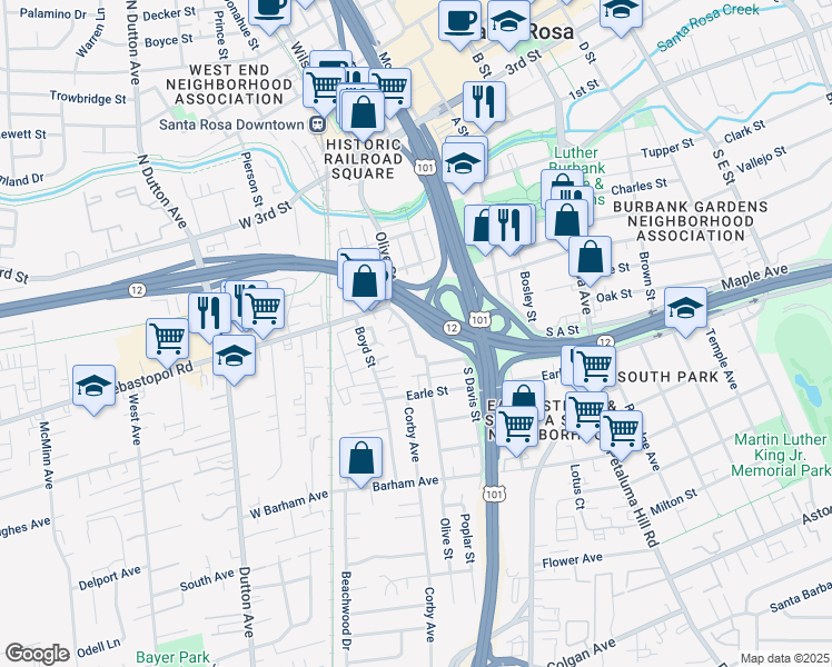 map of restaurants, bars, coffee shops, grocery stores, and more near 500 Olive Street in Santa Rosa