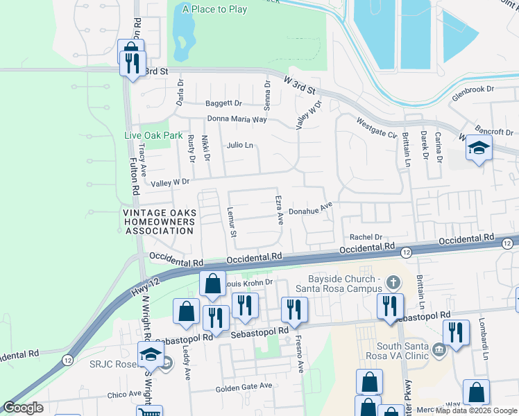 map of restaurants, bars, coffee shops, grocery stores, and more near 2312 Bellam Court in Santa Rosa