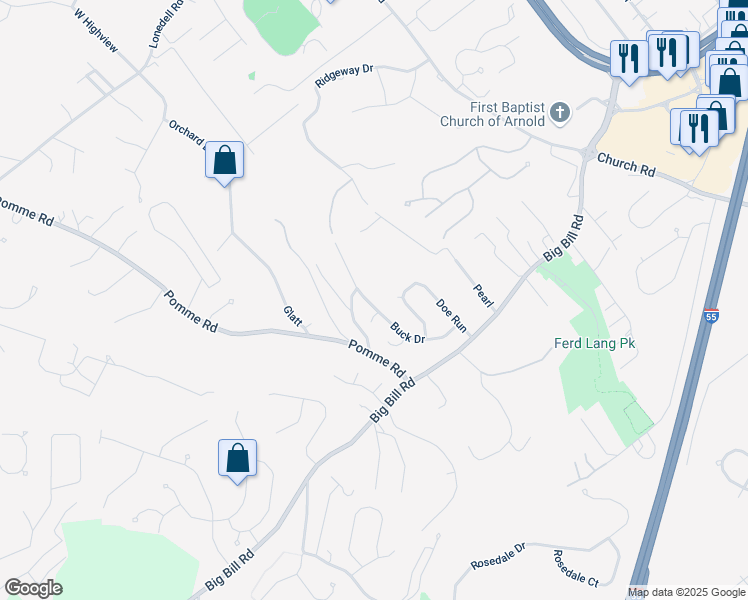 map of restaurants, bars, coffee shops, grocery stores, and more near 2070 Hilltop Drive in Arnold