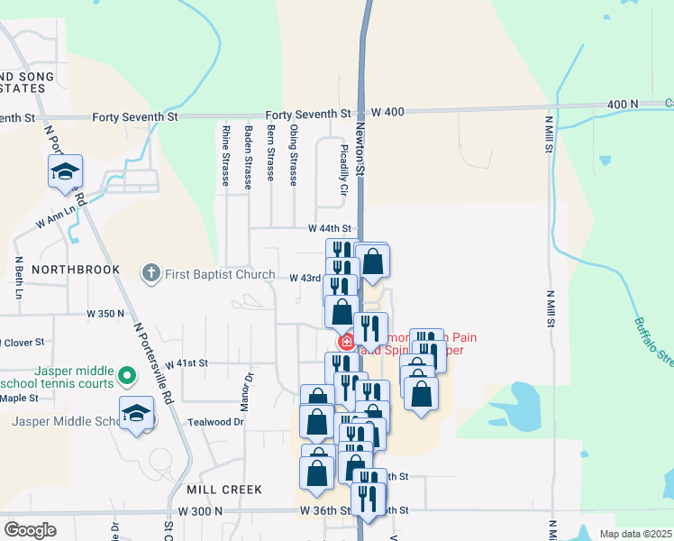map of restaurants, bars, coffee shops, grocery stores, and more near 4350-4398 Covington Ln in Jasper