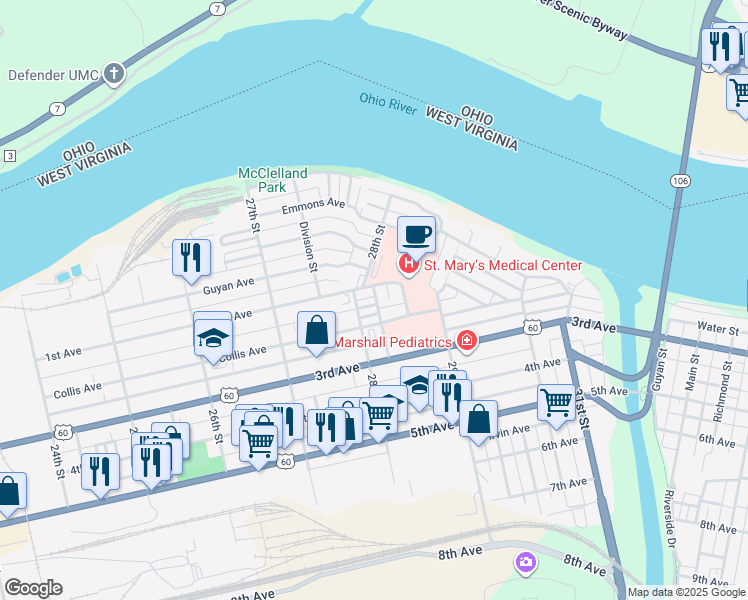 map of restaurants, bars, coffee shops, grocery stores, and more near 2812 Highlawn Court in Huntington
