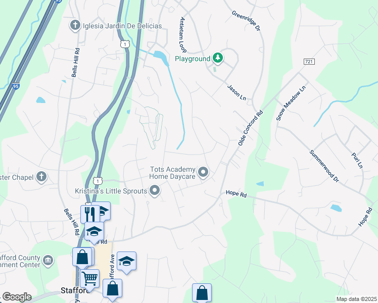 map of restaurants, bars, coffee shops, grocery stores, and more near 25 Snow Drive in Stafford