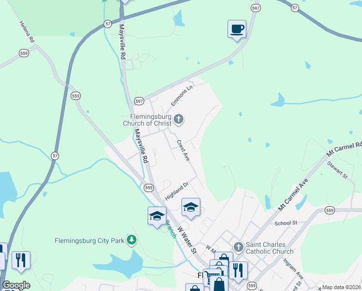 map of restaurants, bars, coffee shops, grocery stores, and more near 201 Highridge Drive in Flemingsburg