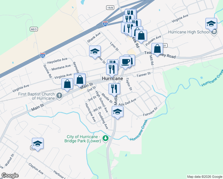 map of restaurants, bars, coffee shops, grocery stores, and more near 1806 Main Street in Hurricane