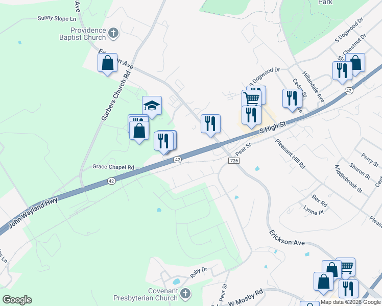 map of restaurants, bars, coffee shops, grocery stores, and more near 2000 John Wayland Highway in Harrisonburg