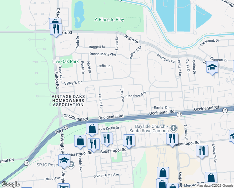 map of restaurants, bars, coffee shops, grocery stores, and more near 2312 Bellam Court in Santa Rosa