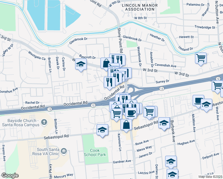 map of restaurants, bars, coffee shops, grocery stores, and more near 2055 Occidental Road in Santa Rosa