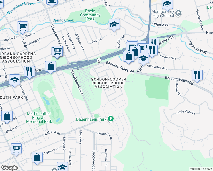 map of restaurants, bars, coffee shops, grocery stores, and more near 1130 Gordon Lane in Santa Rosa