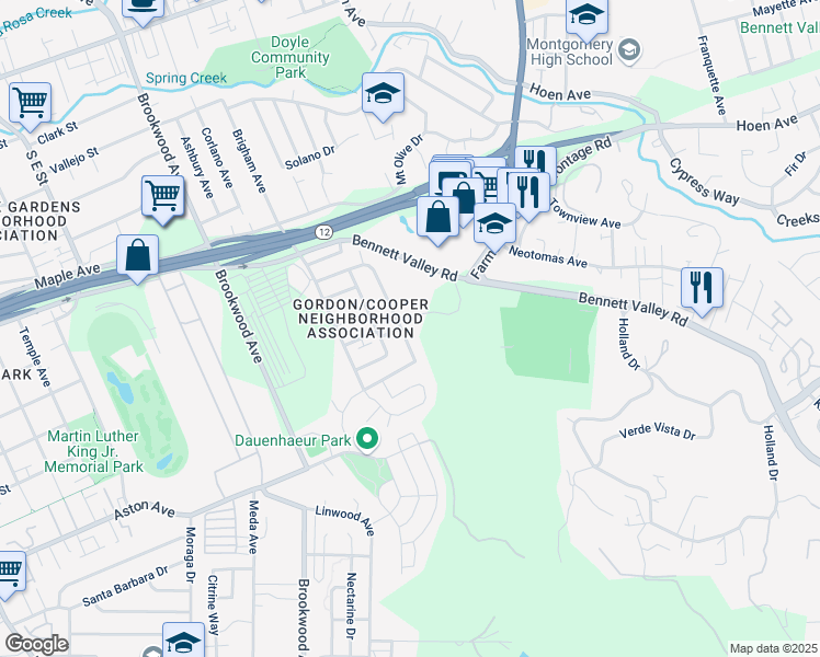 map of restaurants, bars, coffee shops, grocery stores, and more near 1904 Cooper Drive in Santa Rosa