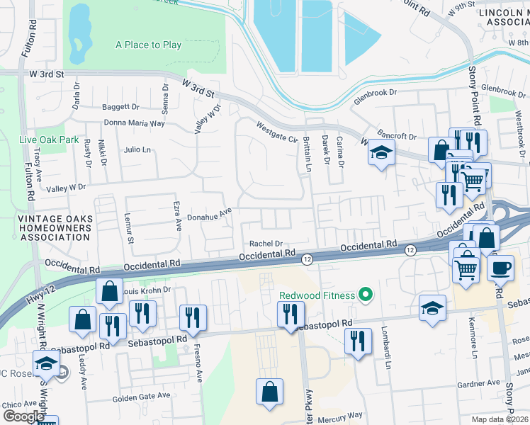 map of restaurants, bars, coffee shops, grocery stores, and more near 2191 Longhorn Circle in Santa Rosa