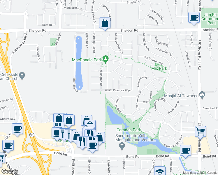 map of restaurants, bars, coffee shops, grocery stores, and more near 8516 Spring Azure Way in Elk Grove