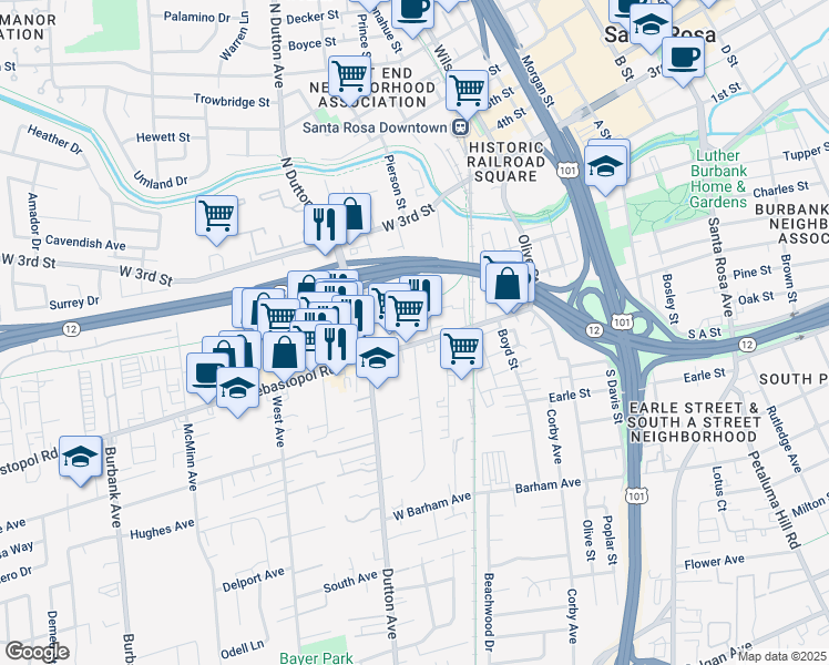 map of restaurants, bars, coffee shops, grocery stores, and more near 440 Dutton Avenue in Santa Rosa