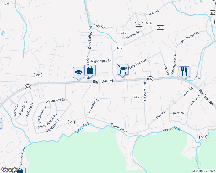 map of restaurants, bars, coffee shops, grocery stores, and more near 1570 Summit Drive in Cross Lanes