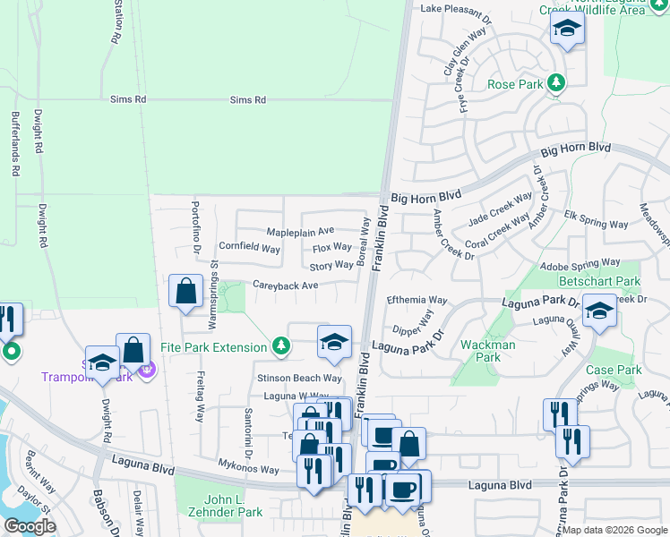 map of restaurants, bars, coffee shops, grocery stores, and more near 4800 Story Way in Elk Grove