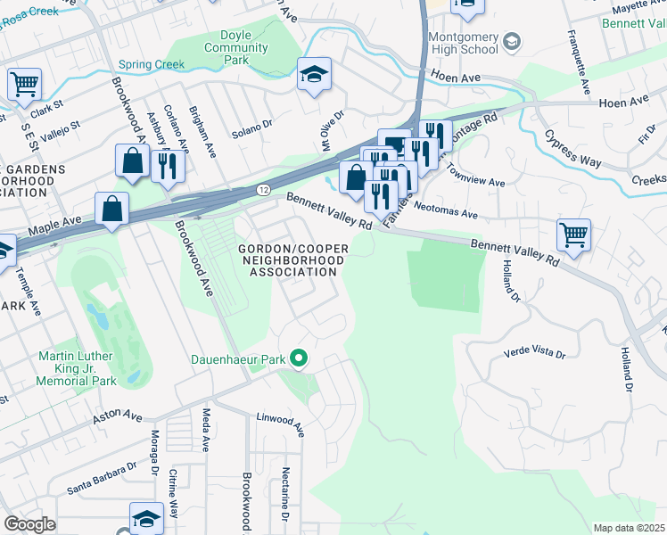 map of restaurants, bars, coffee shops, grocery stores, and more near 1904 Cooper Drive in Santa Rosa