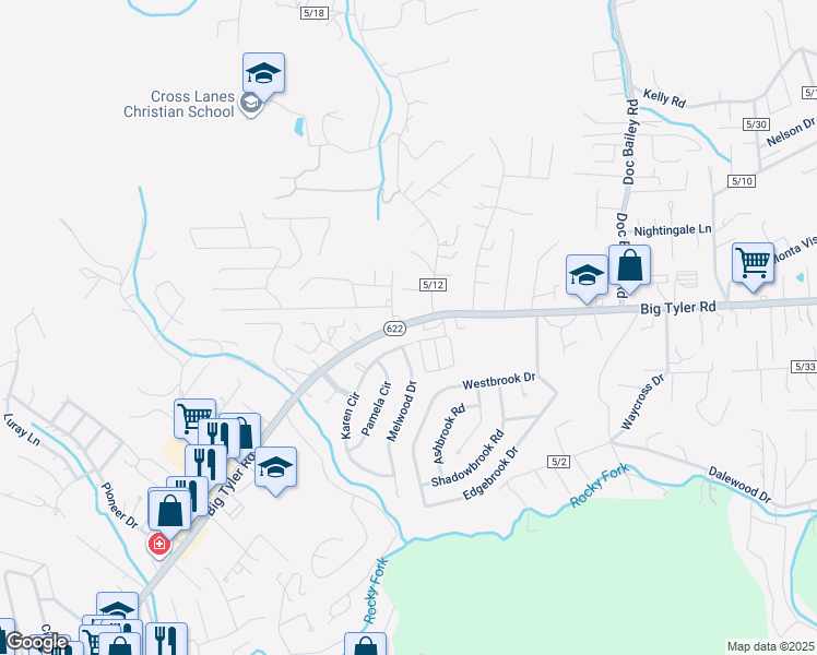 map of restaurants, bars, coffee shops, grocery stores, and more near 5376 Big Tyler Road in Cross Lanes