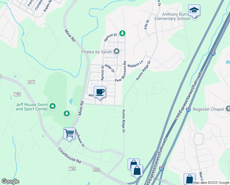 map of restaurants, bars, coffee shops, grocery stores, and more near Sweetgum Court in Stafford