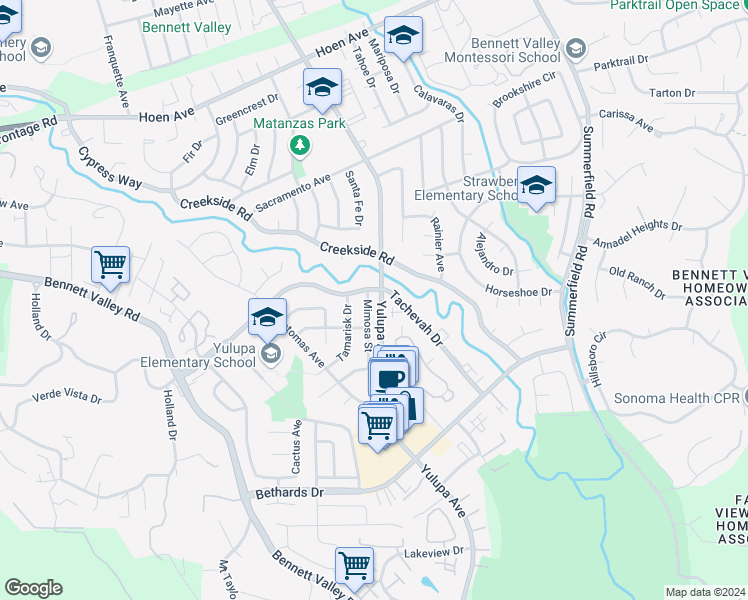 map of restaurants, bars, coffee shops, grocery stores, and more near 2414 Mimosa Street in Santa Rosa