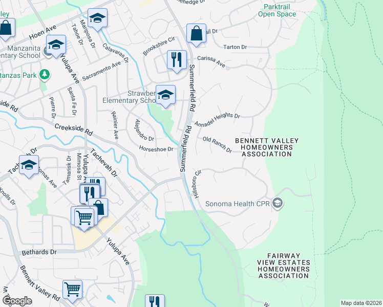 map of restaurants, bars, coffee shops, grocery stores, and more near 2239 Old Ranch Place in Santa Rosa