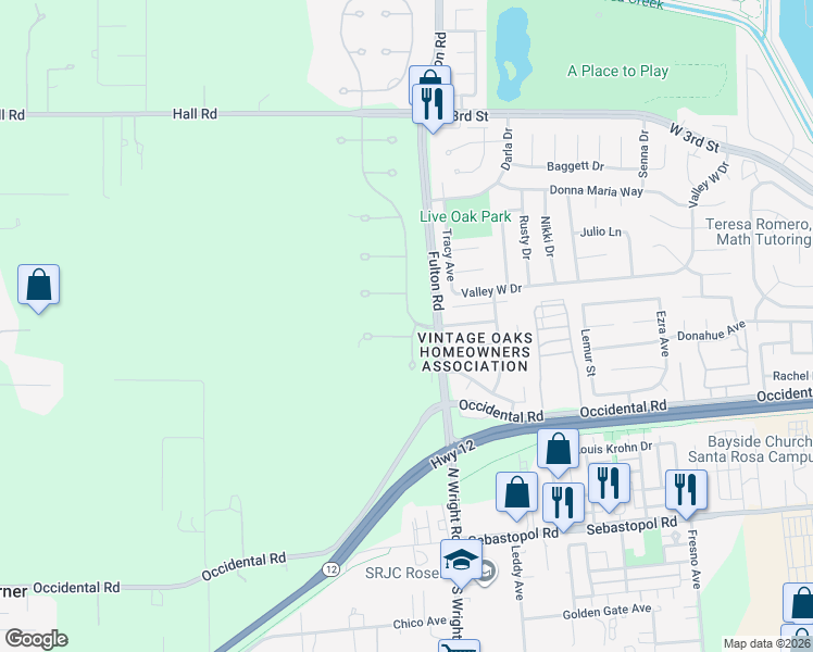 map of restaurants, bars, coffee shops, grocery stores, and more near 312 Countryside Drive in Santa Rosa