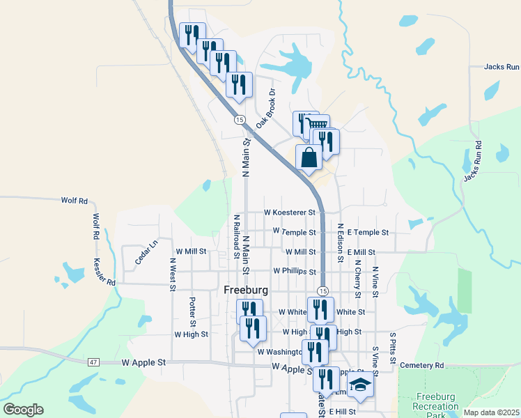 map of restaurants, bars, coffee shops, grocery stores, and more near 501 North Dewey Street in Freeburg
