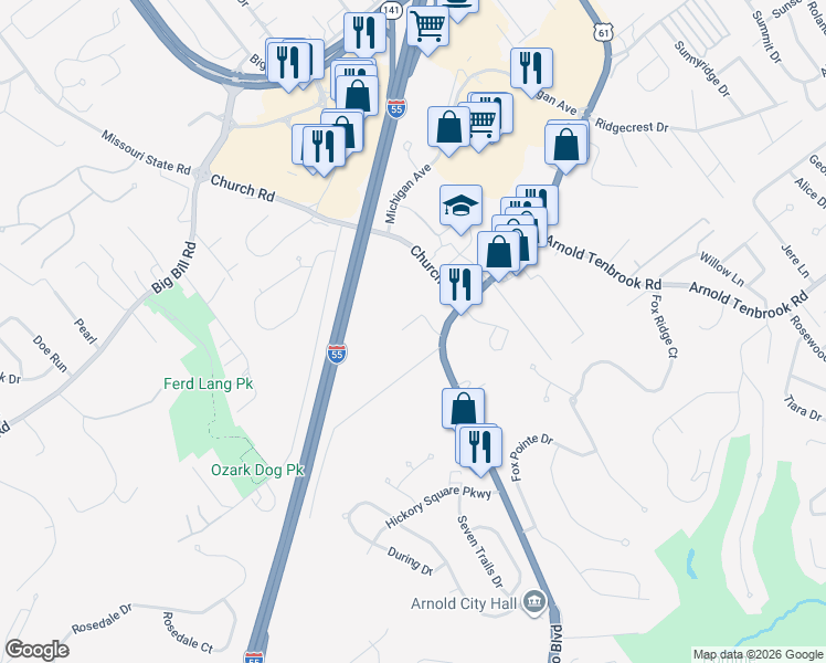 map of restaurants, bars, coffee shops, grocery stores, and more near 2461 Botanical Drive in Arnold