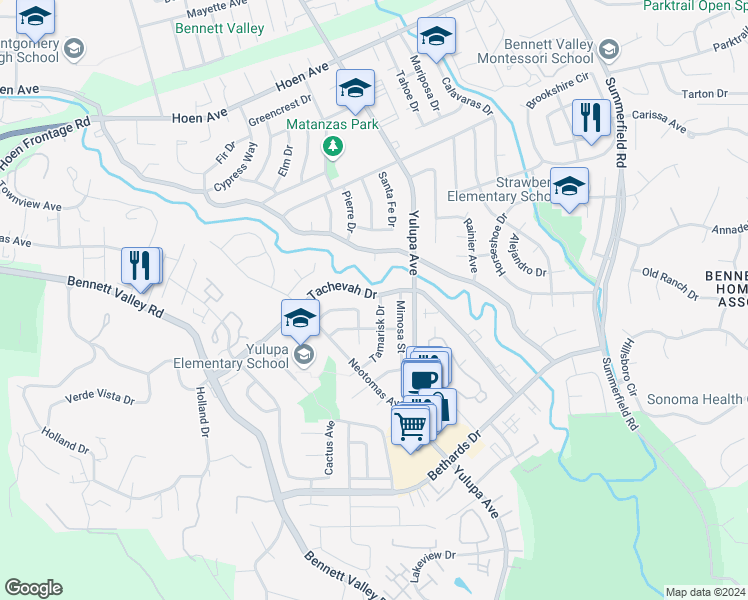 map of restaurants, bars, coffee shops, grocery stores, and more near 2570 Tachevah Drive in Santa Rosa