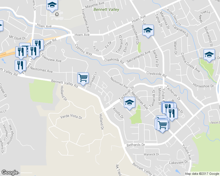 map of restaurants, bars, coffee shops, grocery stores, and more near 1945 Knolls Drive in Santa Rosa