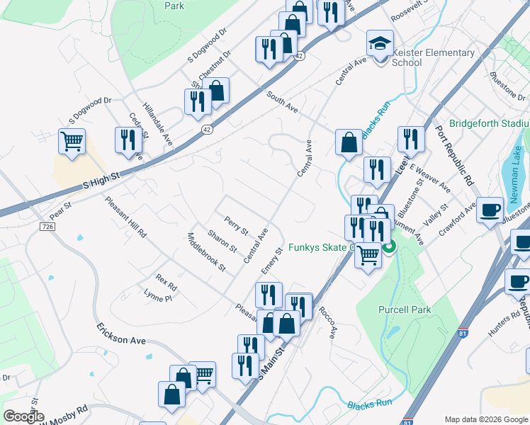 map of restaurants, bars, coffee shops, grocery stores, and more near 1627 Central Avenue in Harrisonburg