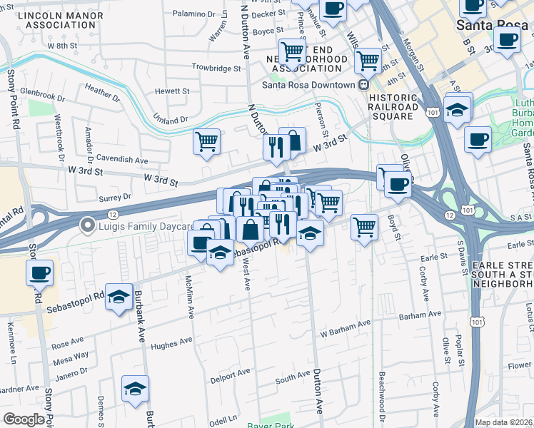 map of restaurants, bars, coffee shops, grocery stores, and more near 673 Sebastopol Road in Santa Rosa