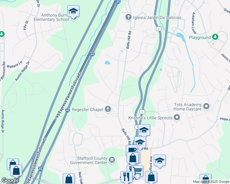 map of restaurants, bars, coffee shops, grocery stores, and more near 6 Doria Hill Drive in Stafford