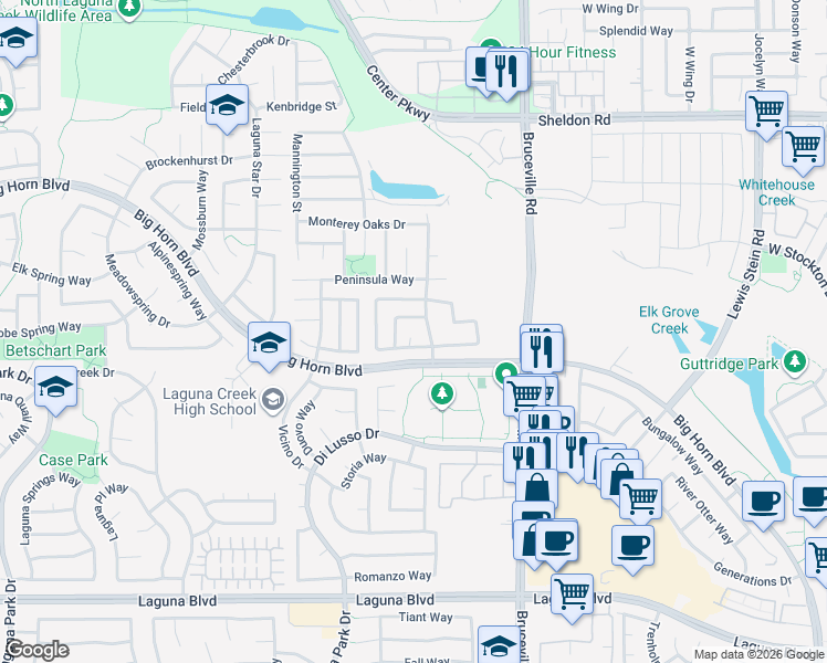 map of restaurants, bars, coffee shops, grocery stores, and more near 8967 Laureles Court in Elk Grove