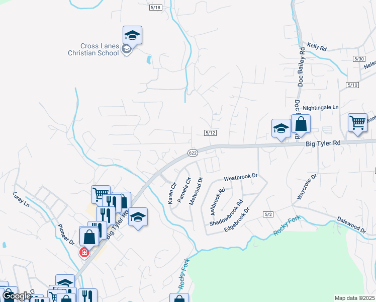 map of restaurants, bars, coffee shops, grocery stores, and more near 5376 Big Tyler Road in Cross Lanes