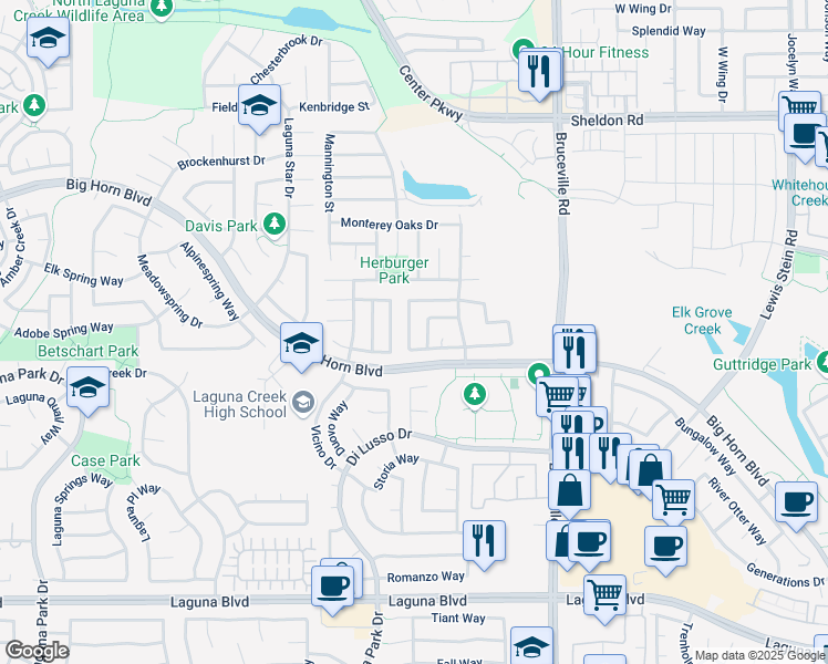 map of restaurants, bars, coffee shops, grocery stores, and more near 6805 Springridge Way in Elk Grove