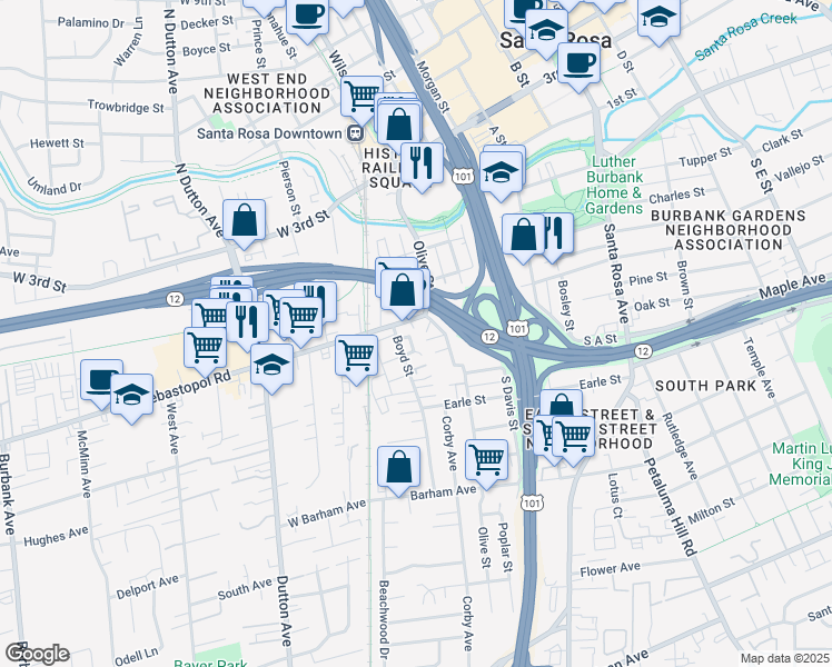map of restaurants, bars, coffee shops, grocery stores, and more near 416 Hickory Circle in Santa Rosa