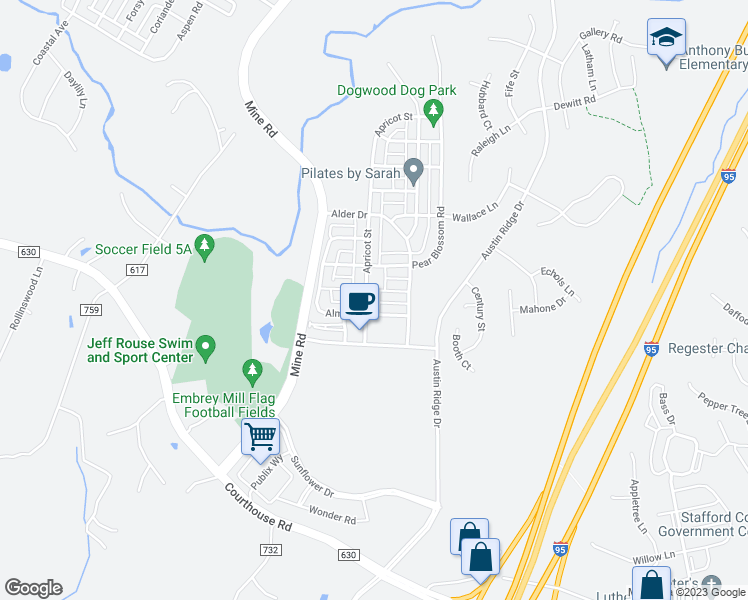 map of restaurants, bars, coffee shops, grocery stores, and more near 212 Apricot Street in Stafford