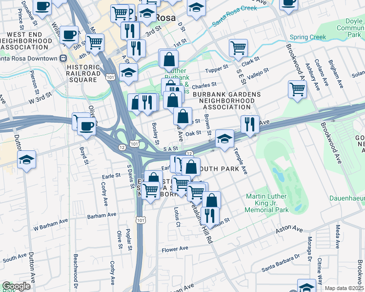 map of restaurants, bars, coffee shops, grocery stores, and more near 714 Santa Rosa Avenue in Santa Rosa
