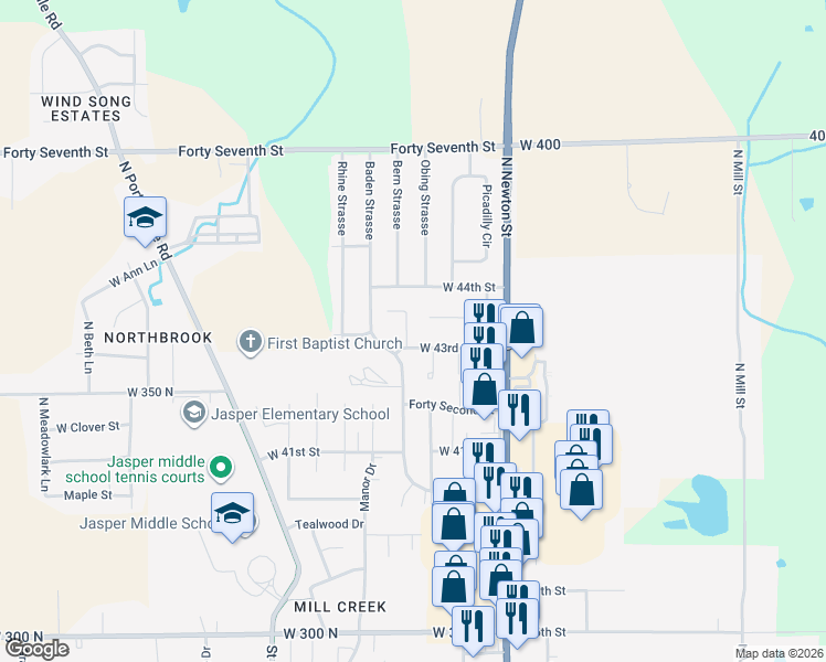 map of restaurants, bars, coffee shops, grocery stores, and more near 420 West 43rd Street in Jasper