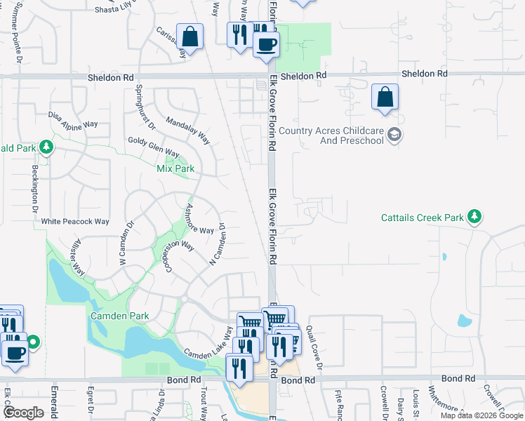 map of restaurants, bars, coffee shops, grocery stores, and more near 9040 Elk Grove Florin Road in Elk Grove